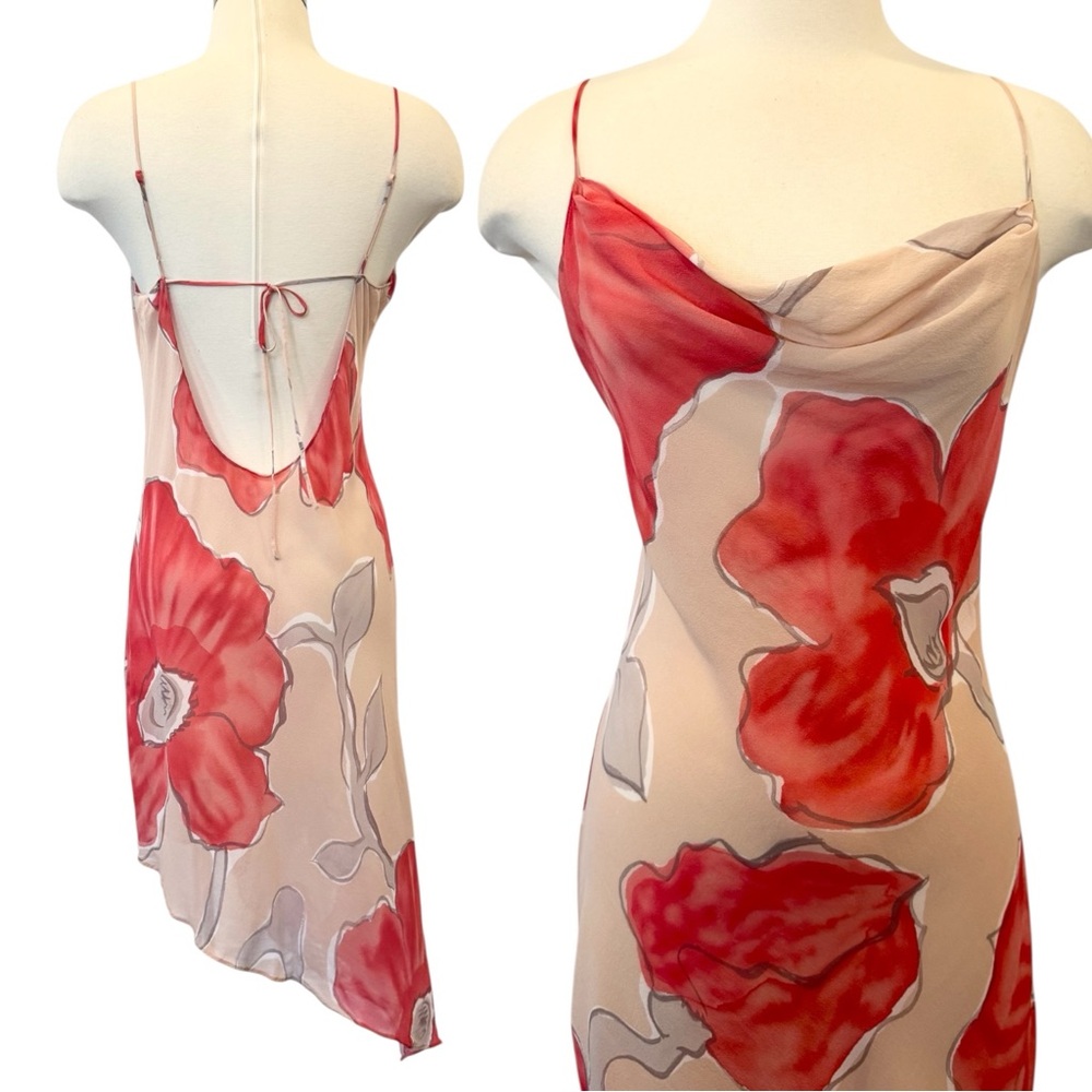 Y2K Victoria’s Secret Silk Chiffon Bold Floral Print Asymmetrical Slip Dress M